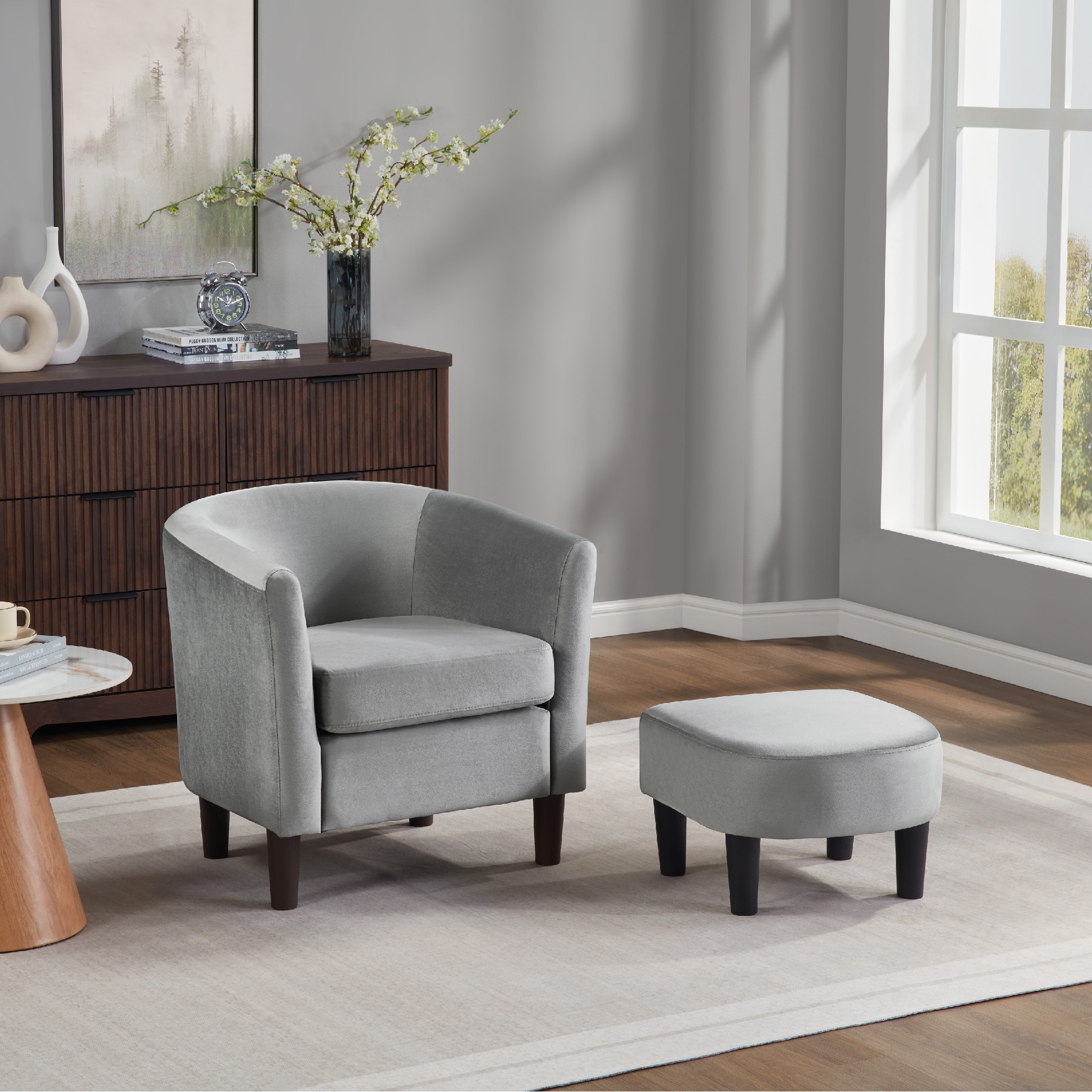 Velvet Accent Chair With Ottoman, Modern Barrel Chair Armchair For Living Room, Bedroom, Gray_maomaolike.com